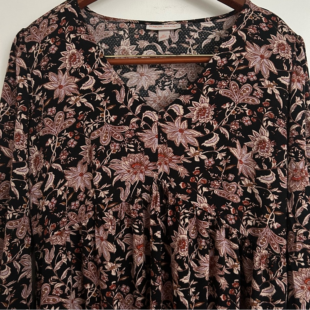 Knox Rose Floral Black & Brown Womens A-line Mini Dress Medium Lightweight Flowy